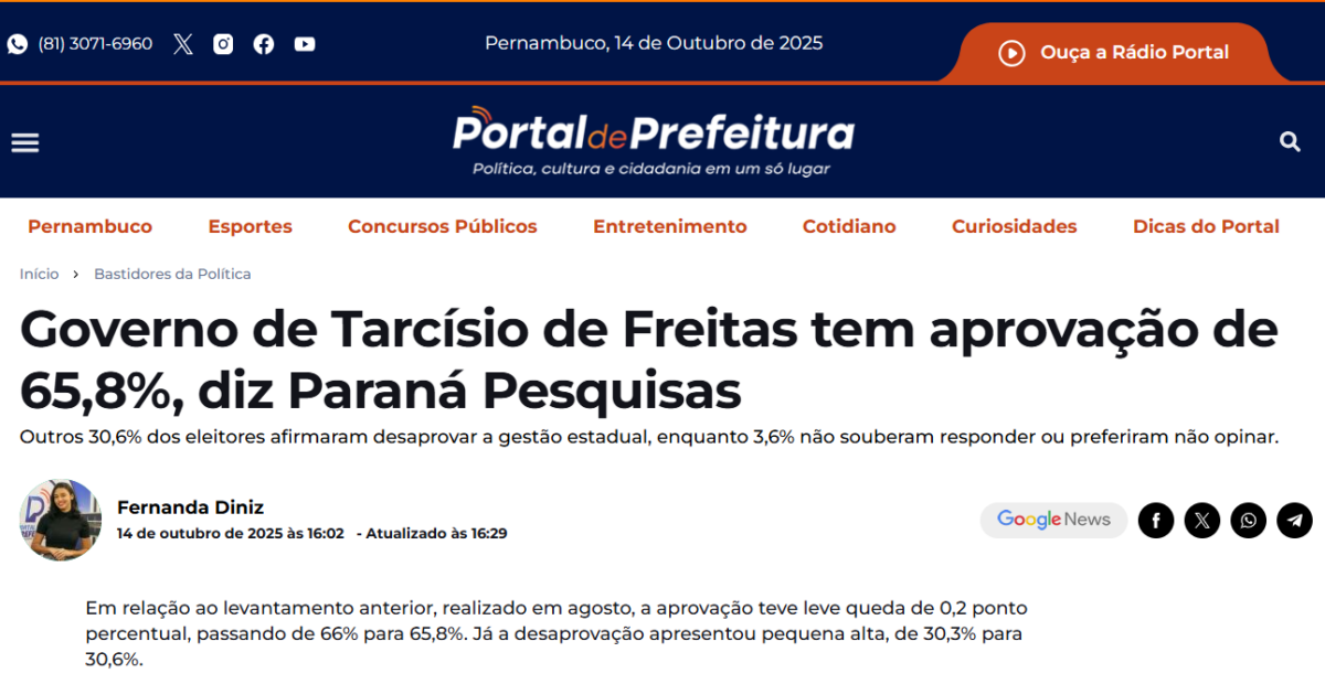 Portal de Prefeitura cita pesquisa realizada pela Paraná Pesquisas no Estado de São Paulo.