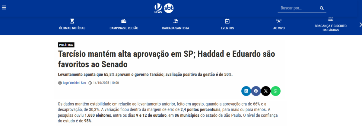 VTV News cita pesquisa realizada pela Paraná Pesquisas no Estado de São Paulo. 2 VTV News cita pesquisa realizada pela Paraná Pesquisas no Estado de São Paulo.