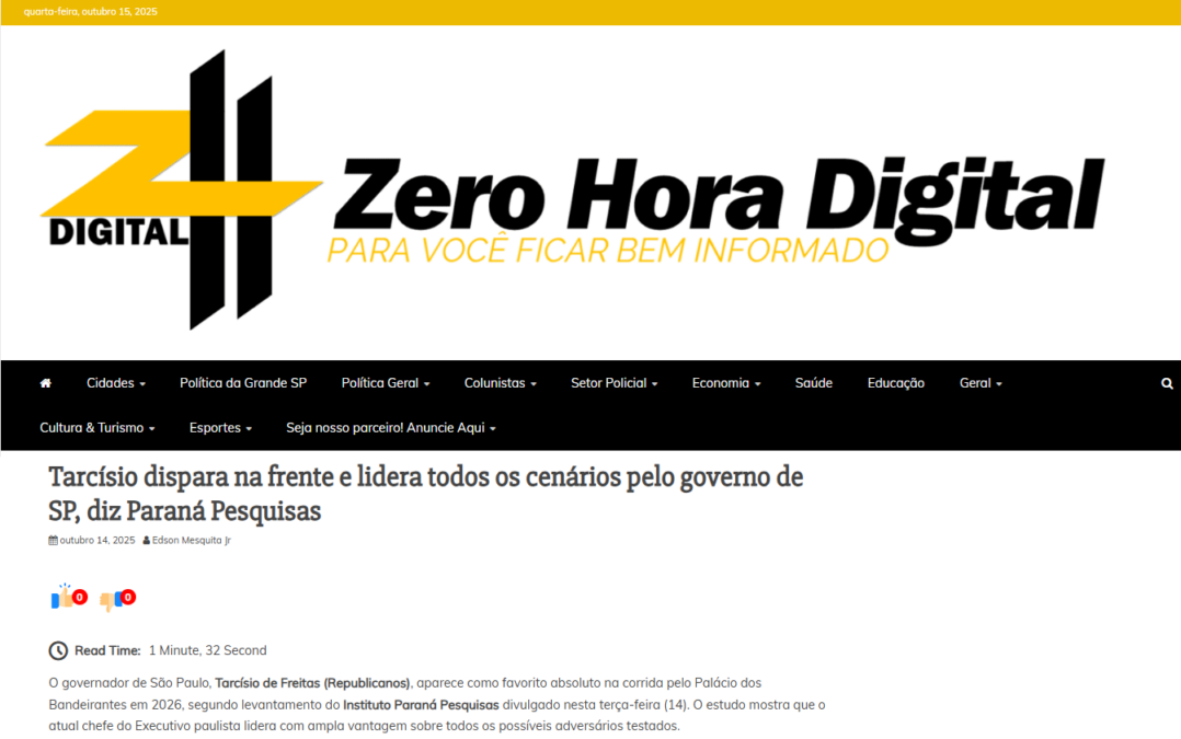 Zero Hora Digital cita pesquisa realizada pela Paraná Pesquisas no Estado de São Paulo.