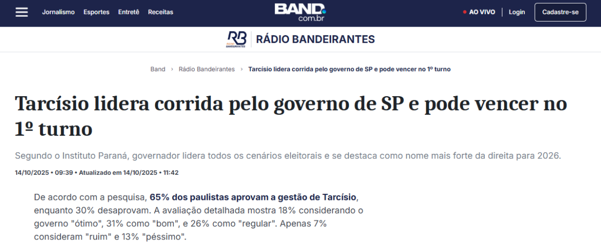 Rádio Bandeirantes cita pesquisa realizada pela Paraná Pesquisas no Estado de São Paulo. 2 Rádio Bandeirantes cita pesquisa realizada pela Paraná Pesquisas no Estado de São Paulo.