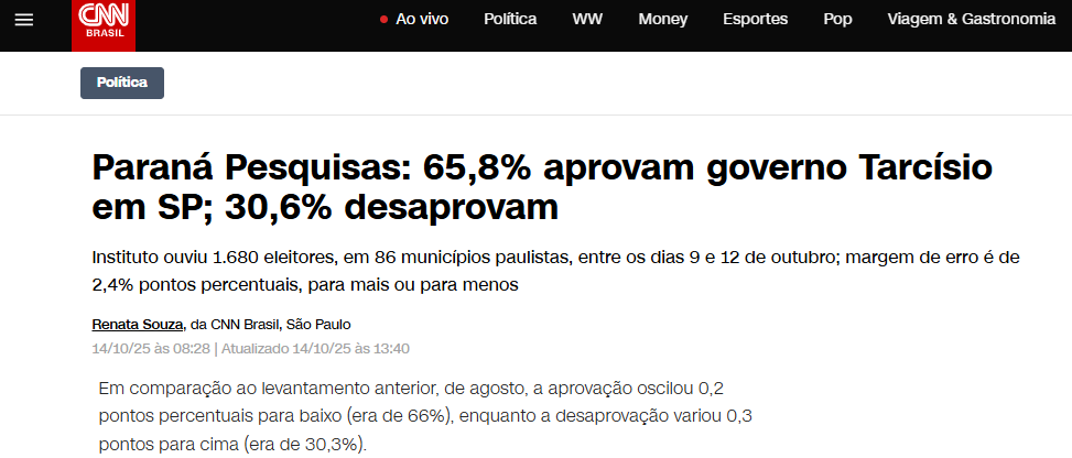 CNN Brasil cita pesquisa realizada pela Paraná Pesquisas no Estado de São Paulo.