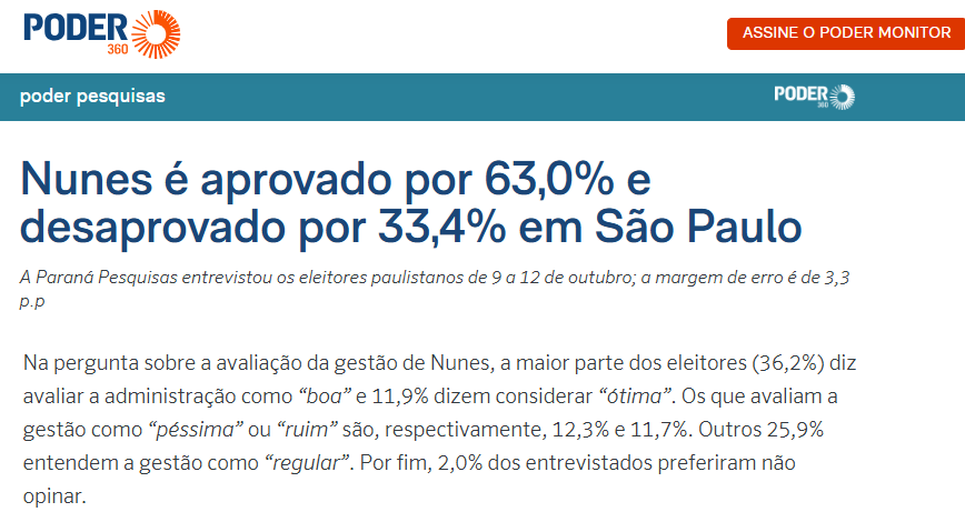 Poder 360 cita pesquisa realizada pela Paraná Pesquisas no Município de São Paulo.