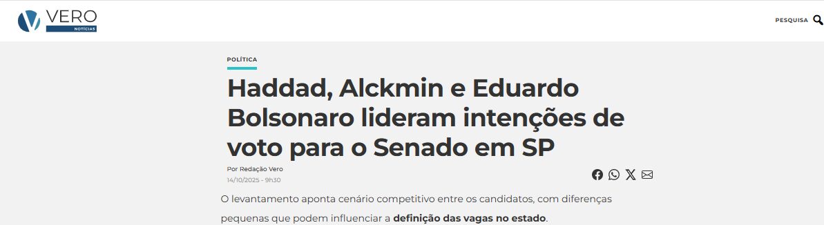 Vero Notícias cita pesquisa realizada pela Paraná Pesquisas no Estado de São Paulo. 2 Vero Notícias cita pesquisa realizada pela Paraná Pesquisas no Estado de São Paulo.