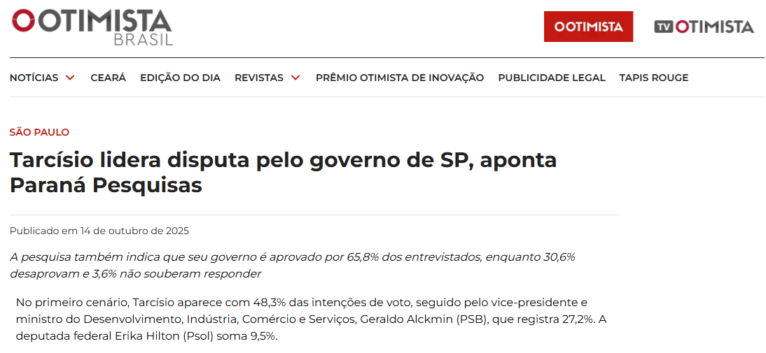 O Otimista cita pesquisa realizada pela Paraná Pesquisas no Estado de São Paulo.