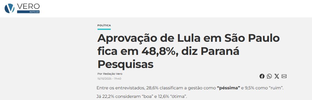 Vero Notícias cita pesquisa realizada pela Paraná Pesquisas no Município de São Paulo.