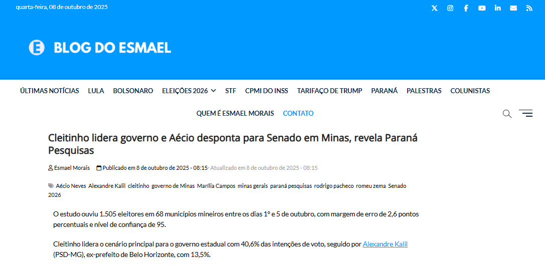 Blog do Esmael cita pesquisa realizada pela Paraná Pesquisas no Estado de Minas Gerais. 2 Blog do Esmael cita pesquisa realizada pela Paraná Pesquisas no Estado de Minas Gerais.