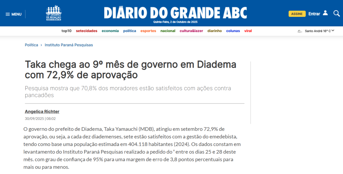 Diário do Grande ABC cita pesquisa realizada pela Paraná Pesquisas no Município de Diadema. 2 Diário do Grande ABC cita pesquisa realizada pela Paraná Pesquisas no Município de Diadema.