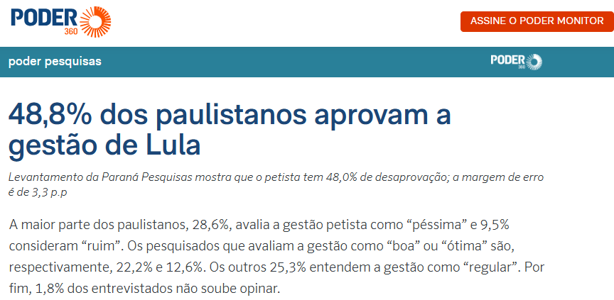 Poder 360 cita pesquisa realizada pela Paraná Pesquisas no Município de São Paulo.