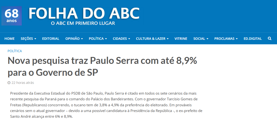 Folha do ABC cita pesquisa realizada pela Paraná Pesquisas no Estado de São Paulo.