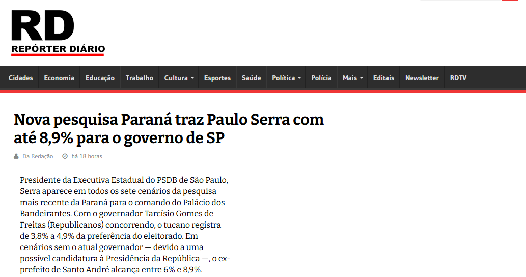Repórter Diário cita pesquisa realizada pela Paraná Pesquisas no Estado de São Paulo.