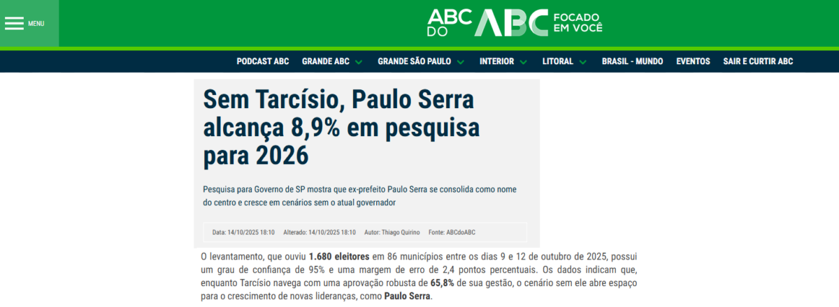 ABC do ABC cita pesquisa realizada pela Paraná Pesquisas no Estado de São Paulo. 2 ABC do ABC cita pesquisa realizada pela Paraná Pesquisas no Estado de São Paulo.
