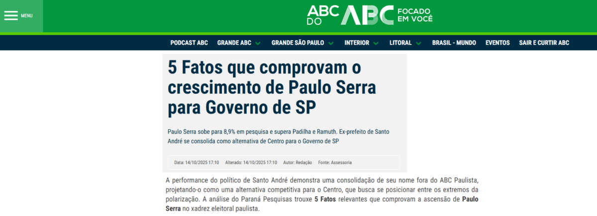 ABC do ABC cita pesquisa realizada pela Paraná Pesquisas no Estado de São Paulo. 2 ABC do ABC cita pesquisa realizada pela Paraná Pesquisas no Estado de São Paulo.