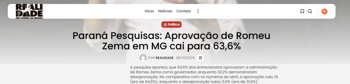 Portal Realidade cita pesquisa realizada pela Paraná Pesquisas no Estado de Minas Gerais. 2 Portal Realidade cita pesquisa realizada pela Paraná Pesquisas no Estado de Minas Gerais.