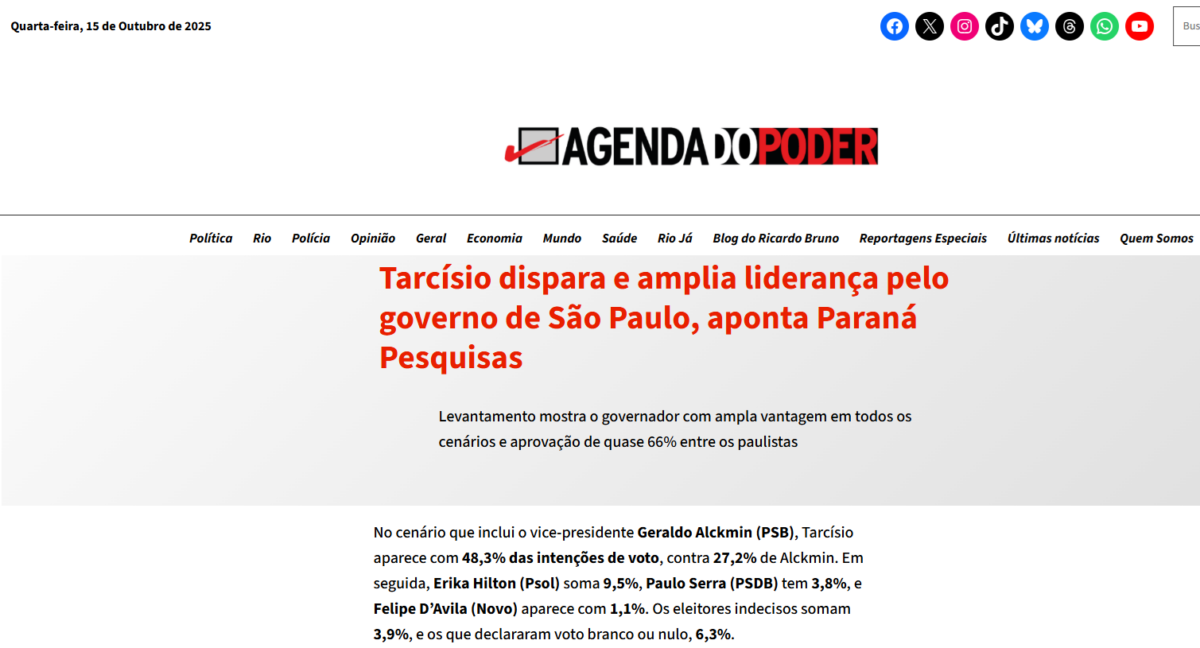 Agenda do Poder cita pesquisa realizada pela Paraná Pesquisas no Estado de São Paulo. 2 Agenda do Poder cita pesquisa realizada pela Paraná Pesquisas no Estado de São Paulo.