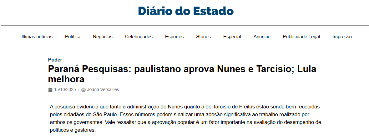 Diário do Estado cita pesquisa realizada pela Paraná Pesquisas no Município de São Paulo. 2 Diário do Estado cita pesquisa realizada pela Paraná Pesquisas no Município de São Paulo.