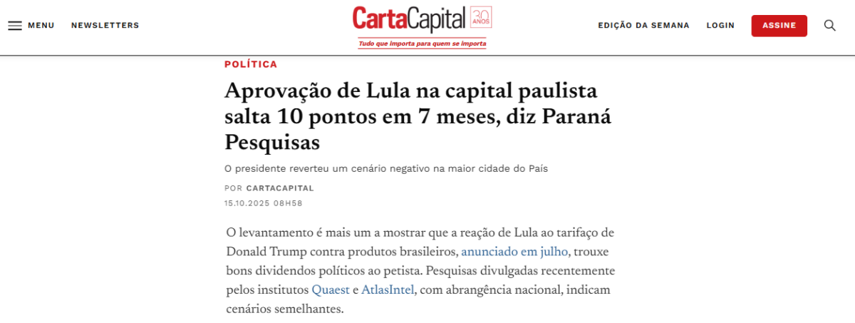 Carta Capital cita pesquisa realizada pela Paraná Pesquisas no Município de São Paulo. 2 Carta Capital cita pesquisa realizada pela Paraná Pesquisas no Município de São Paulo.