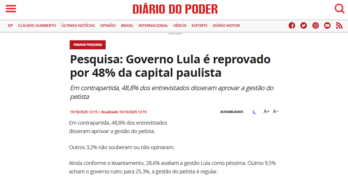 Diário do Poder cita pesquisa realizada pela Paraná Pesquisas no Município de São Paulo.