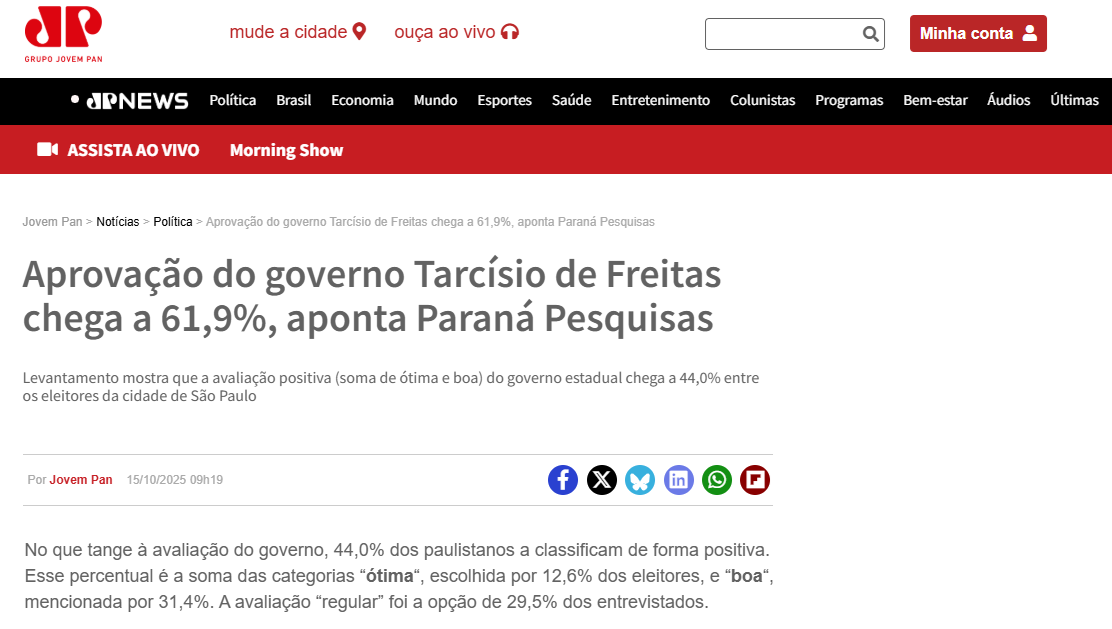 Jovem Pan cita pesquisa realizada pela Paraná Pesquisas no Município de São Paulo. 2 Jovem Pan cita pesquisa realizada pela Paraná Pesquisas no Município de São Paulo.