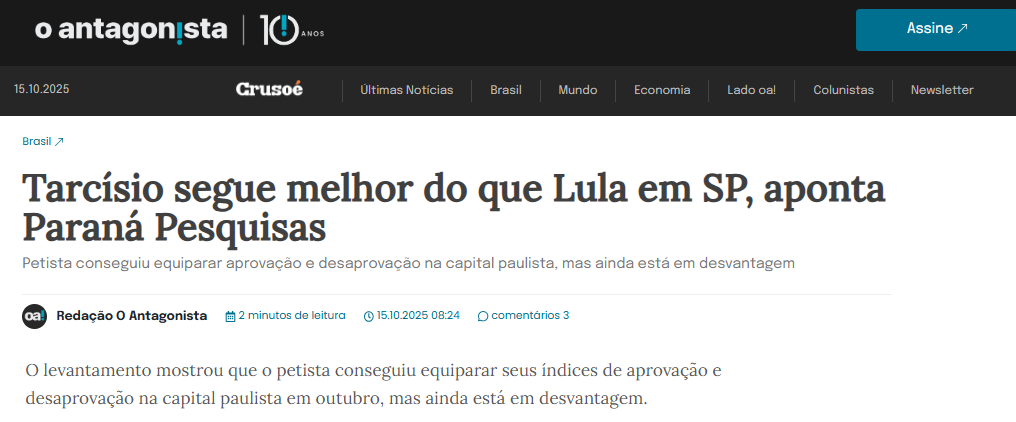 O Antagonista cita pesquisa realizada pela Paraná Pesquisas no Município de São Paulo.