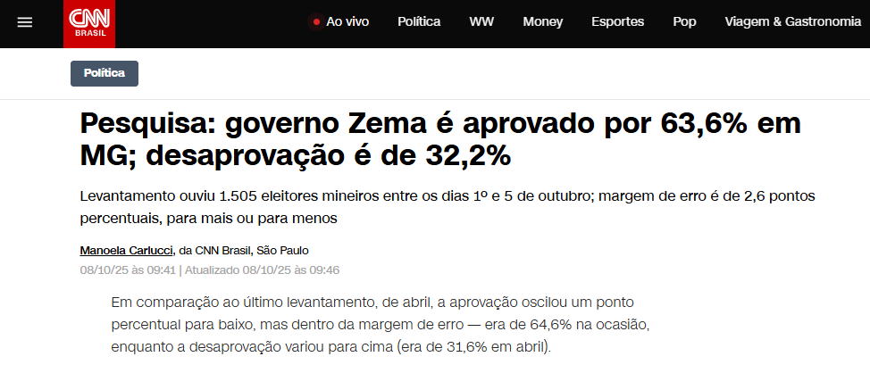 CNN Brasil cita pesquisa realizada pela Paraná Pesquisas no Estado de Minas Gerais.