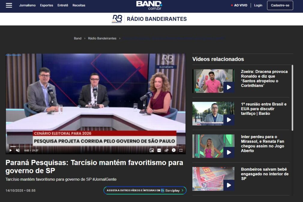 Rádio Bandeirantes cita pesquisa realizada pela Paraná Pesquisas no Estado de São Paulo. 2 Rádio Bandeirantes cita pesquisa realizada pela Paraná Pesquisas no Estado de São Paulo.