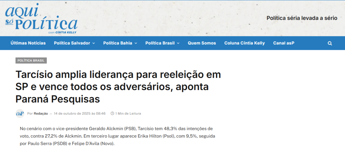 Aqui só Política cita pesquisa realizada pela Paraná Pesquisas no Estado de São Paulo. 2 Aqui só Política cita pesquisa realizada pela Paraná Pesquisas no Estado de São Paulo.