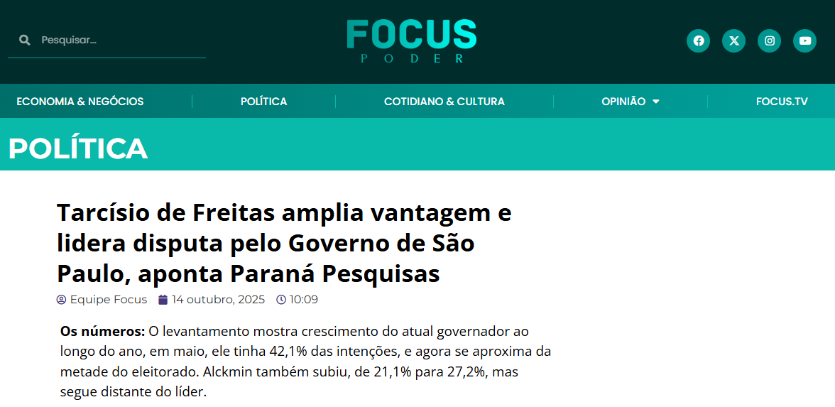 Focus Poder cita pesquisa realizada pela Paraná Pesquisas no Estado de São Paulo. 2 Focus Poder cita pesquisa realizada pela Paraná Pesquisas no Estado de São Paulo.