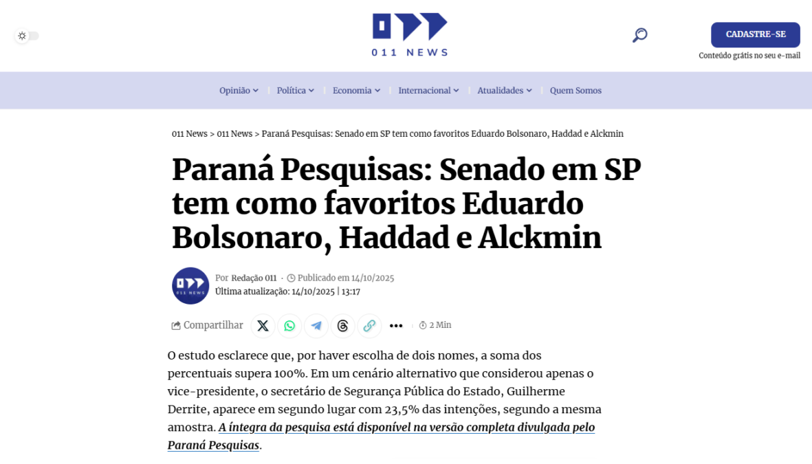 011 News cita pesquisa realizada pela Paraná Pesquisas no Estado de São Paulo. 2 011 News cita pesquisa realizada pela Paraná Pesquisas no Estado de São Paulo.