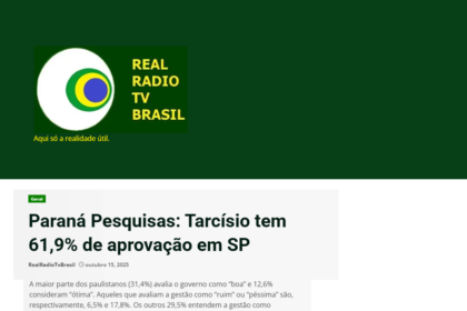 Real Rádio TV Brasil cita pesquisa realizada pela Paraná Pesquisas no Município de São Paulo.