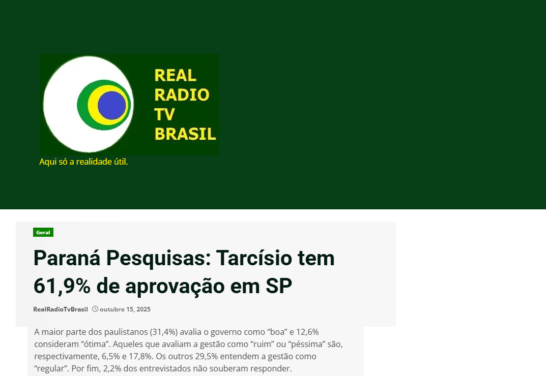 Real Rádio TV Brasil cita pesquisa realizada pela Paraná Pesquisas no Município de São Paulo. 1 Real Rádio TV Brasil cita pesquisa realizada pela Paraná Pesquisas no Município de São Paulo.