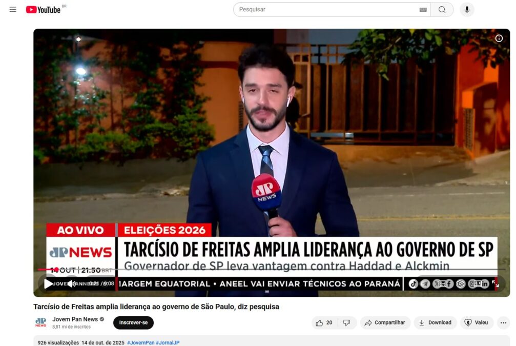 Jovem Pan News cita pesquisa realizada pela Paraná Pesquisas no Estado de São Paulo. 2 Jovem Pan News cita pesquisa realizada pela Paraná Pesquisas no Estado de São Paulo.