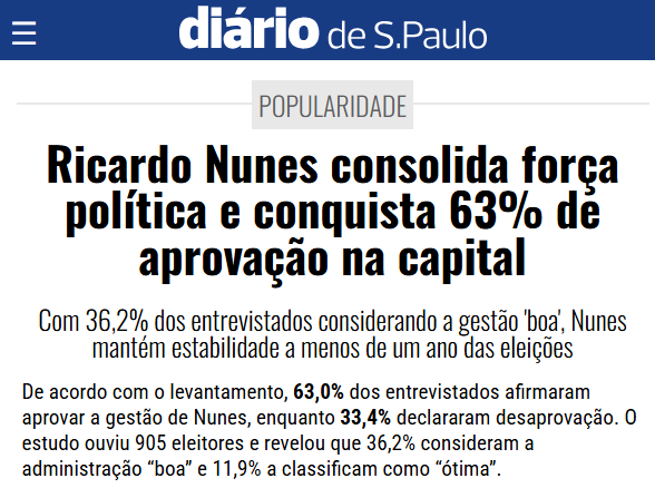 Diário de São Paulo cita pesquisa realizada pela Paraná Pesquisas no Município de São Paulo. 2 Diário de São Paulo cita pesquisa realizada pela Paraná Pesquisas no Município de São Paulo.