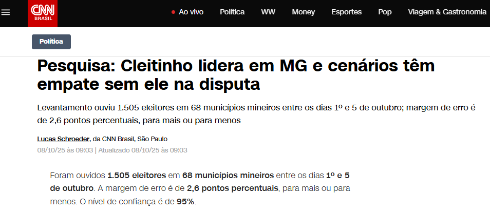 CNN Brasil cita pesquisa realizada pela Paraná Pesquisas no Estado de Minas Gerais.