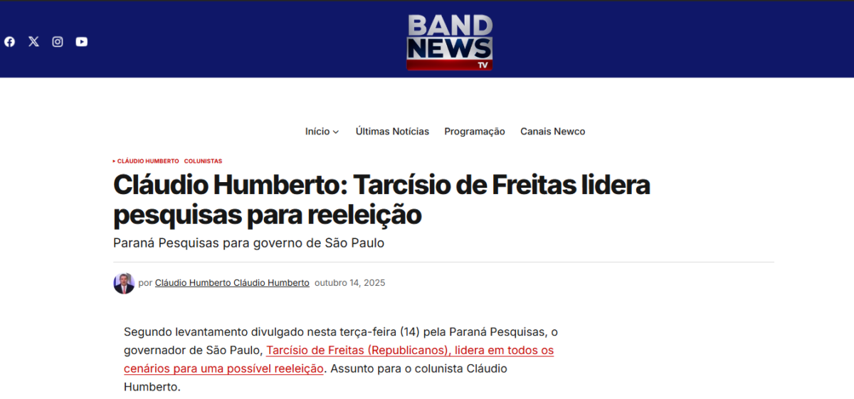 Band News cita pesquisa realizada pela Paraná Pesquisas no Estado de São Paulo. 2 Band News cita pesquisa realizada pela Paraná Pesquisas no Estado de São Paulo.