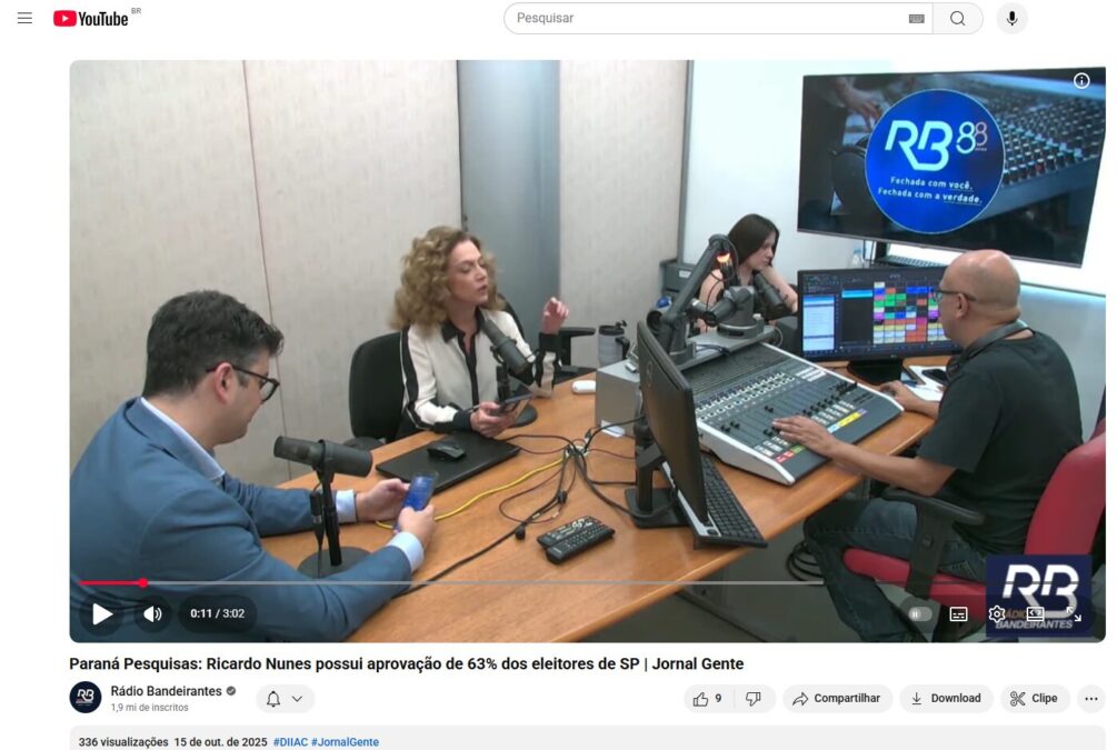 Rádio Bandeirantes cita pesquisa realizada pela Paraná Pesquisas no Município de São Paulo.
