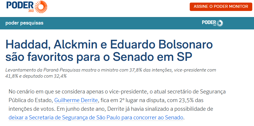 Poder 360 cita pesquisa realizada pela Paraná Pesquisas no Estado de São Paulo.