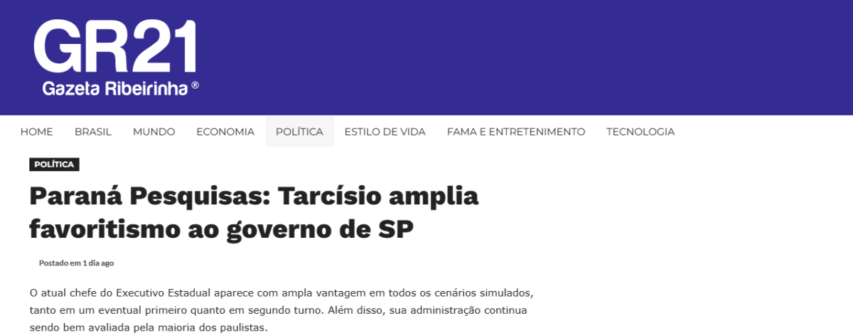 GR21 cita pesquisa realizada pela Paraná Pesquisas no Estado de São Paulo.