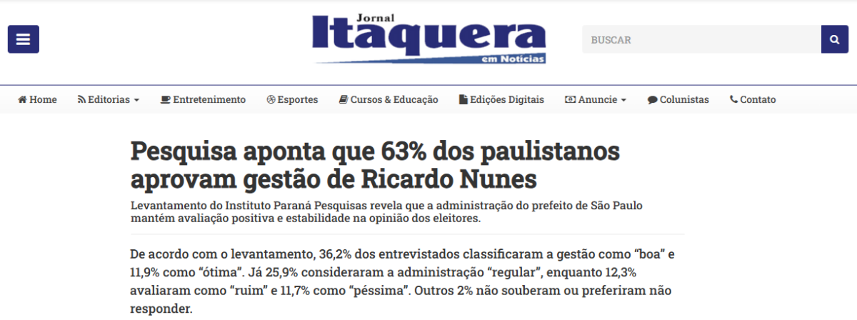 Jornal Itaquera cita pesquisa realizada pela Paraná Pesquisas no Município de São Paulo. 2 Jornal Itaquera cita pesquisa realizada pela Paraná Pesquisas no Município de São Paulo.