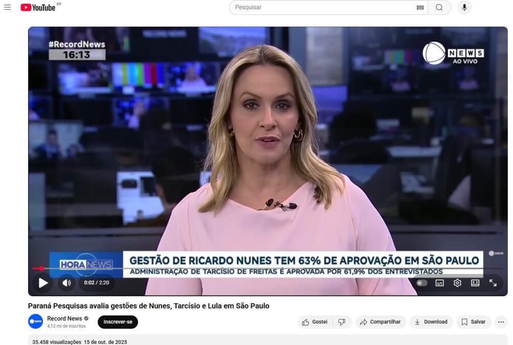 Record News cita pesquisa realizada pela Paraná Pesquisas no Município de São Paulo. 2 Record News cita pesquisa realizada pela Paraná Pesquisas no Município de São Paulo.