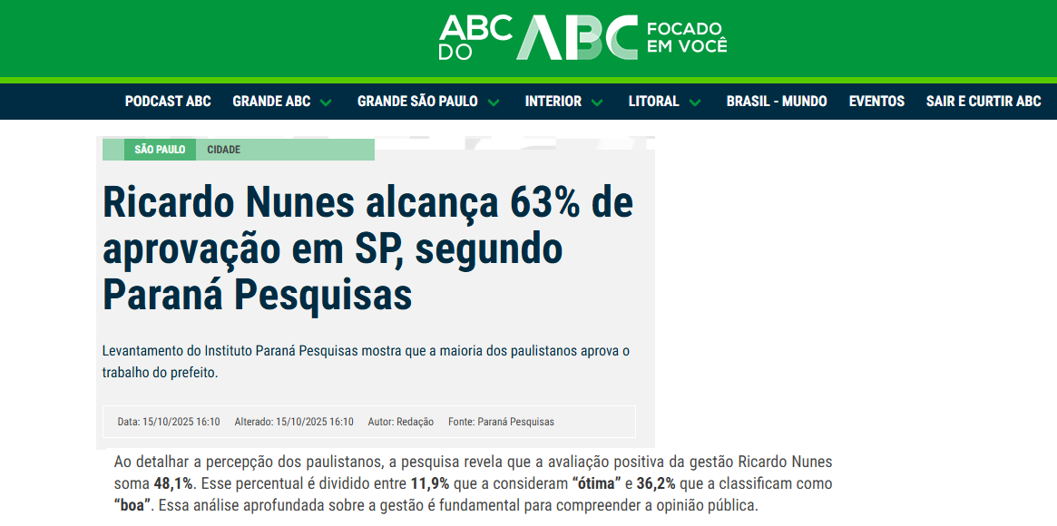 ABC do ABC cita pesquisa realizada pela Paraná Pesquisas no Município de São Paulo.