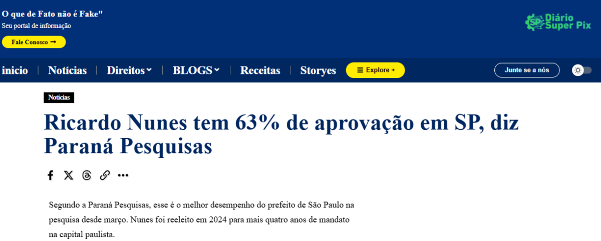 Diário SP cita pesquisa realizada pela Paraná Pesquisas no Município de São Paulo.