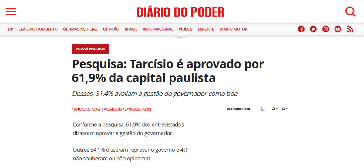 Diário do Poder cita pesquisa realizada pela Paraná Pesquisas no Município de São Paulo.