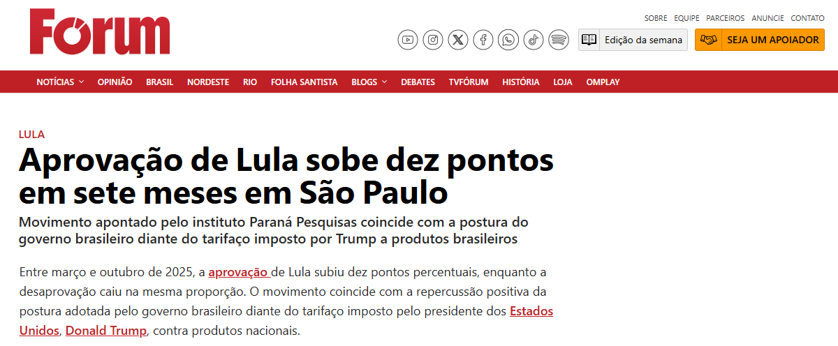 Revista Forum cita pesquisa realizada pela Paraná Pesquisas no Município de São Paulo. 2 Revista Forum cita pesquisa realizada pela Paraná Pesquisas no Município de São Paulo.