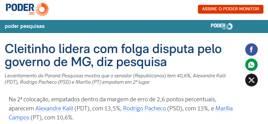 Poder 360 cita pesquisa realizada pela Paraná Pesquisas no Estado de Minas Gerais.
