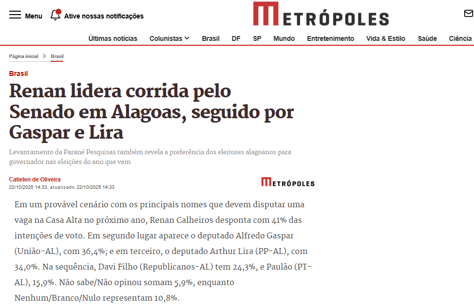 Metrópoles cita pesquisa realizada pela Paraná Pesquisas no Estado de Alagoas.