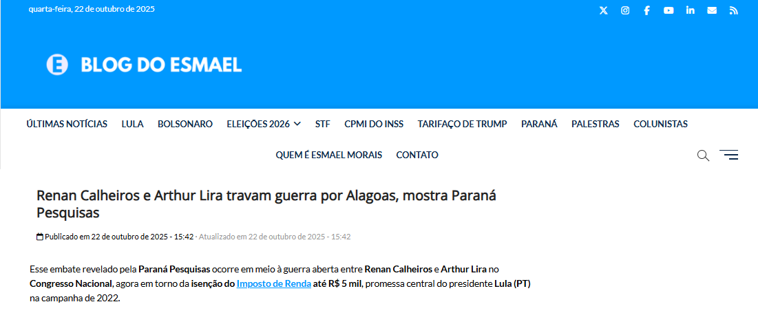 Blog do Esmael cita pesquisa realizada pela Paraná Pesquisas no Estado de Alagoas. 2 Blog do Esmael cita pesquisa realizada pela Paraná Pesquisas no Estado de Alagoas.