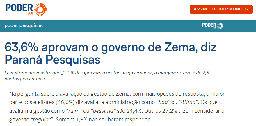 Poder 360 cita pesquisa realizada pela Paraná Pesquisas no Estado de Minas Gerais.