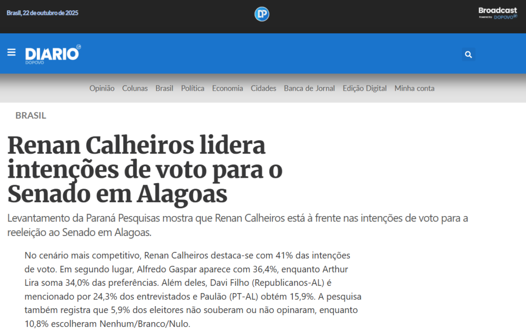 Diário do Povo cita pesquisa realizada pela Paraná Pesquisas no Estado de Alagoas.