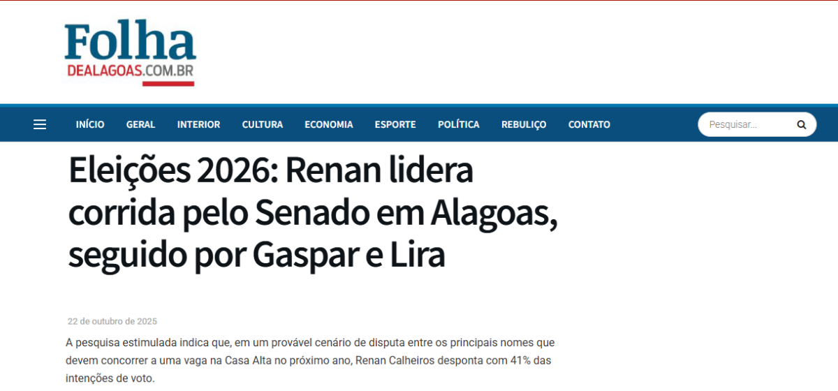 Folha de Alagoas cita pesquisa realizada pela Paraná Pesquisas no Estado de Alagoas.
