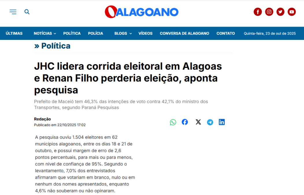 Alagoano cita pesquisa realizada pela Paraná Pesquisas no Estado de Alagoas. 2 Alagoano cita pesquisa realizada pela Paraná Pesquisas no Estado de Alagoas.